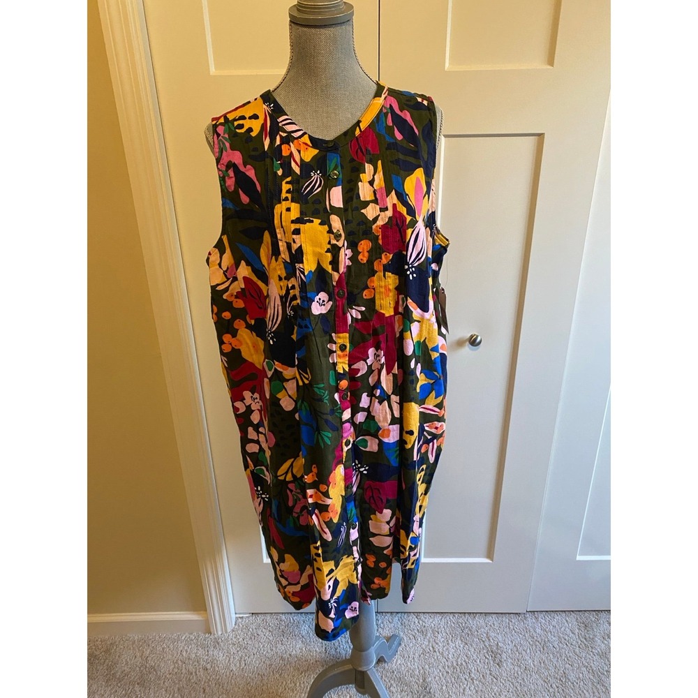 St John's Bay XL Colorful Floral Sleeveless Dress Tunic Linen Cotton Button New